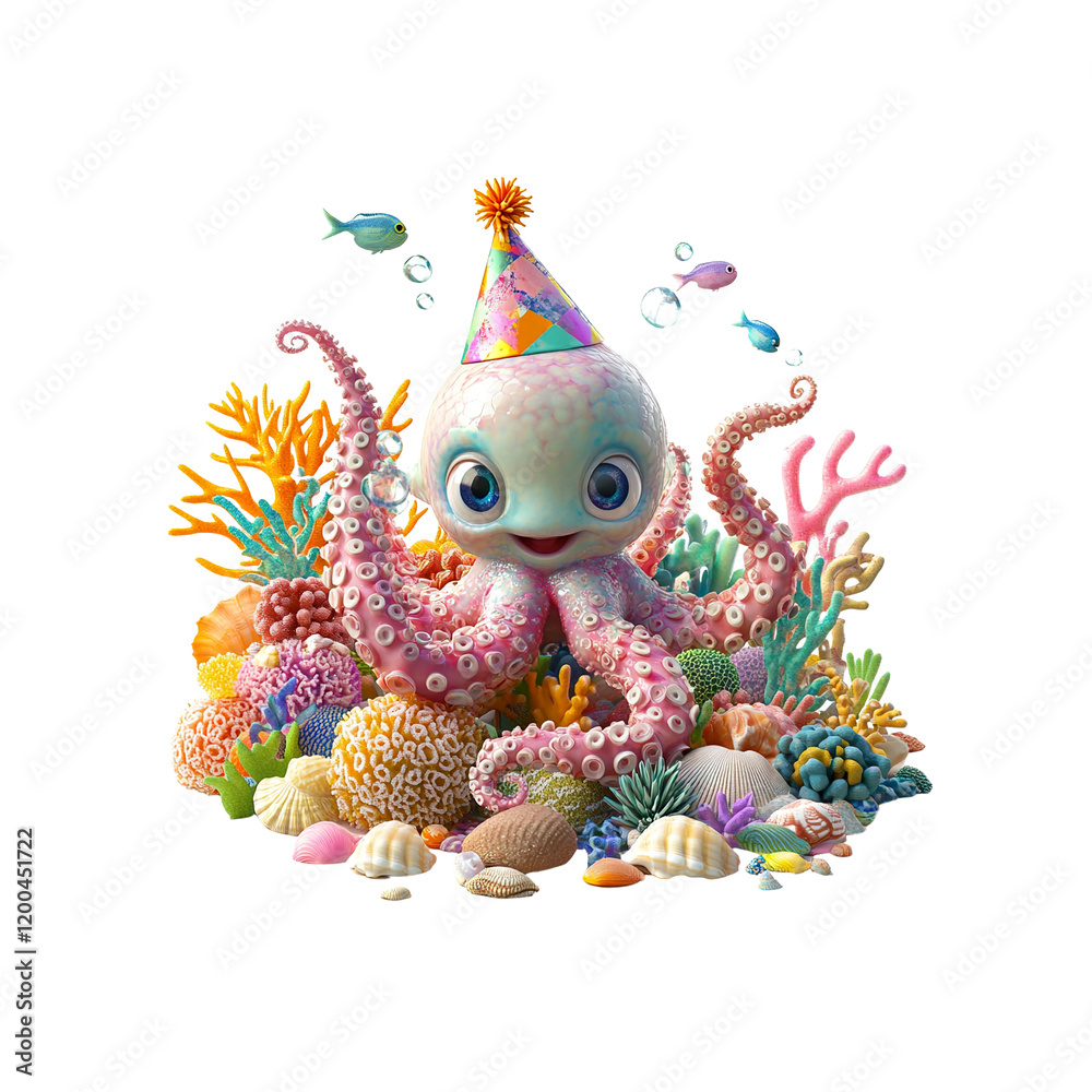 Fototapeta premium Adorable Cartoon Octopus Celebrating Birthday in Vibrant Coral Reef