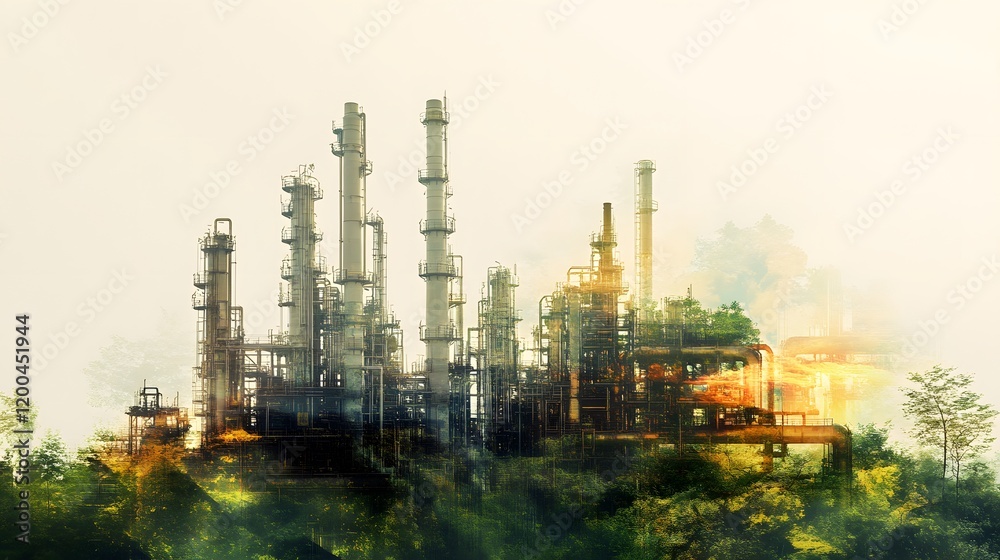 Fototapeta premium Industrial Complex Reclaimed by Nature Overgrown Refinery