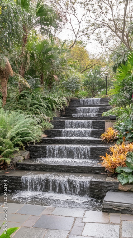 Cascading waterfall steps in lush garden. Peaceful oasis, perfect for relaxation or travel brochure Cascading waterfall steps in lush garden. Peaceful oasis, perfect for relaxation or travel brochure