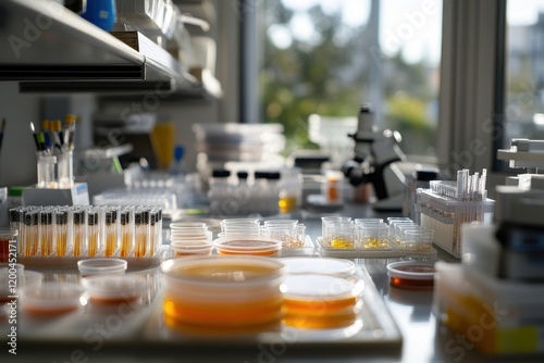 Laboratory Workspace with Petri Dishes and Microscopes Showcasing a Clean Environment for Scientific Research and Experimentation in a Well-Lit Room