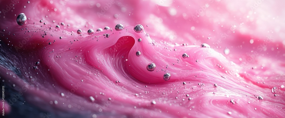 Obraz premium Pink liquid swirls with silver bubbles. Abstract background. Design element