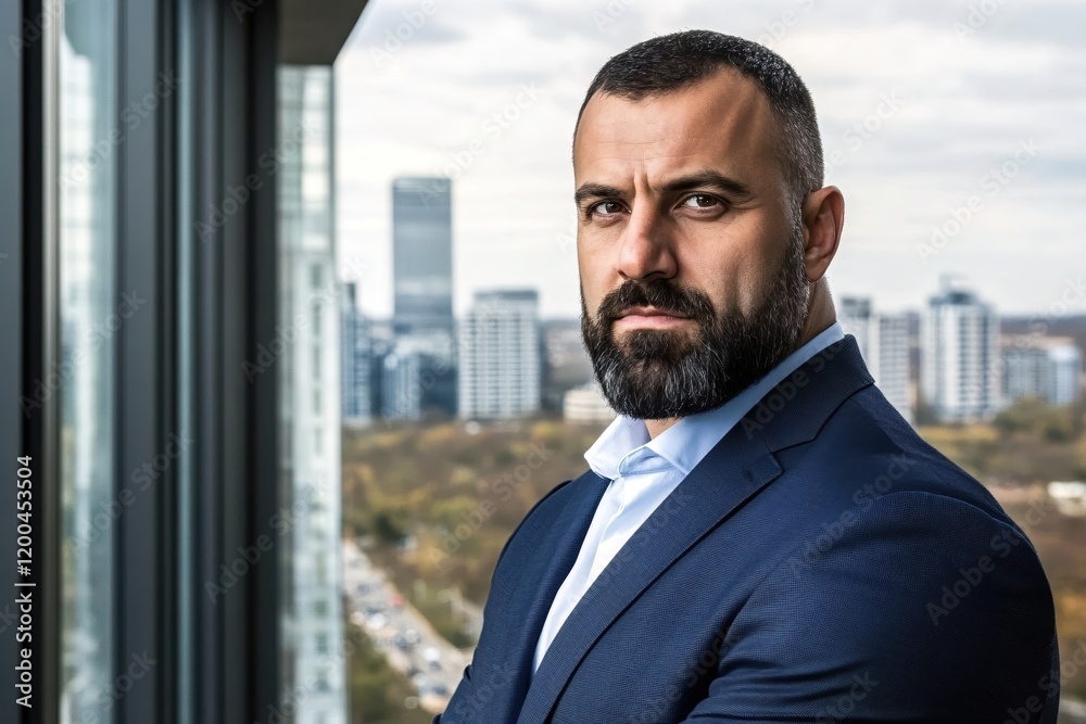 Fototapeta premium Confident Businessman Cityscape View Successful Entrepreneur Portrait