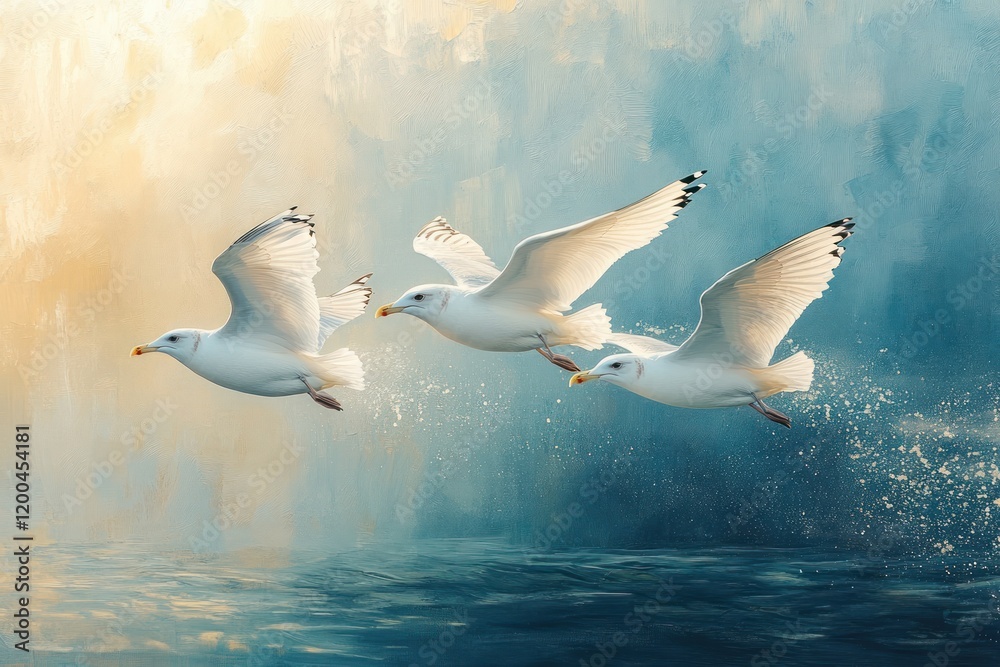 Obraz premium Three seagulls soaring in vibrant blue sky