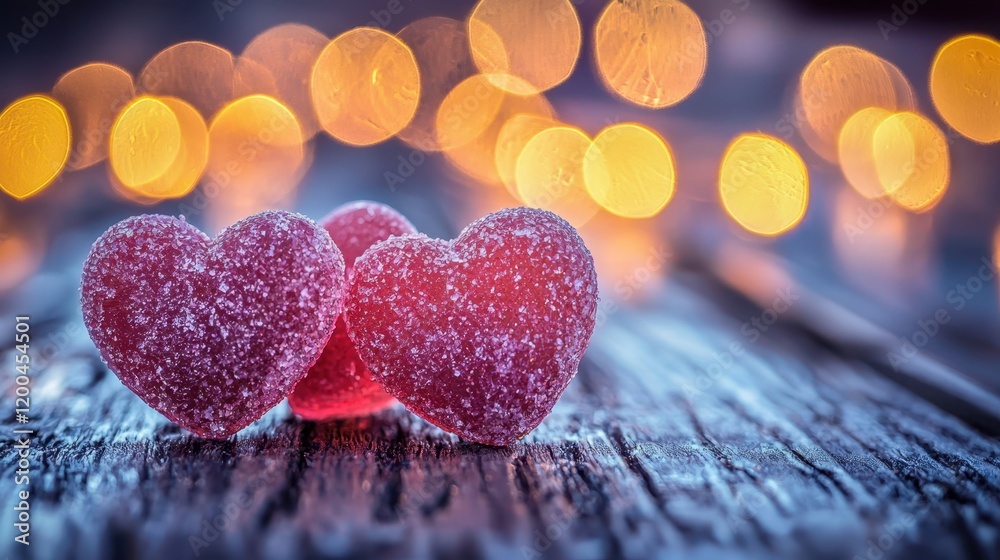 Two vibrant heart-shaped candies rest on a rustic wooden table, embodying the sweet essence of love and affection on Valentine's Day. Two vibrant heart-shaped candies rest on a rustic wooden table, embodying the sweet essence of love and affection on Valentine's Day.