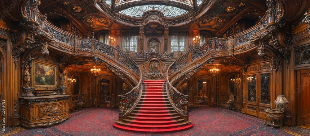Obraz premium Grand mansion's ornate staircase, red carpet; glass ceiling, interior design