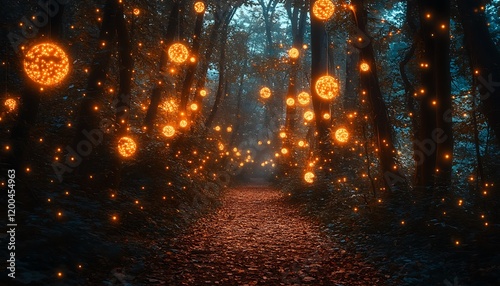 Enchanting forest path illuminated by glowing orbs and fairy lights.