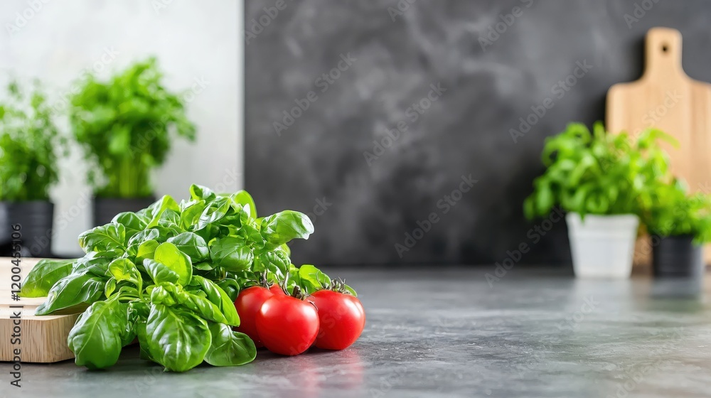 Fresh Basil Tomatoes Kitchen Countertop Cooking Ingredients Food Photography Fresh Basil Tomatoes Kitchen Countertop Cooking Ingredients Food Photography