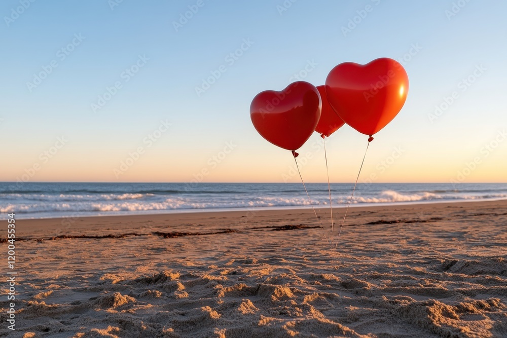 Fototapeta premium Three vibrant heart-shaped balloons float gently above the sandy beach, symbolizing love and joy against the backdrop of a stunning sunset by the ocean.
