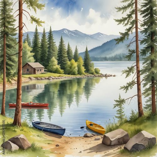 watercolor illustration of Sagle, Idaho, showcasing its peaceful lakeside setting and surrounding natural beauty. photo