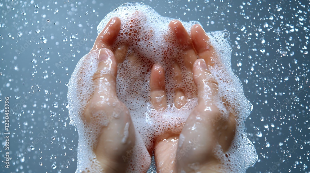 Fototapeta premium Cleansing Hands Soft Foam Water Drops Refreshing Hygiene Skincare