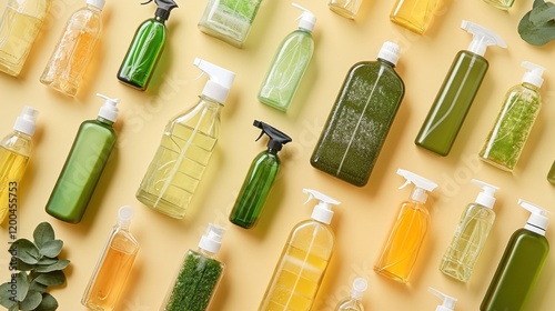Eco-Friendly Cleaning Product Bottles Flatlay