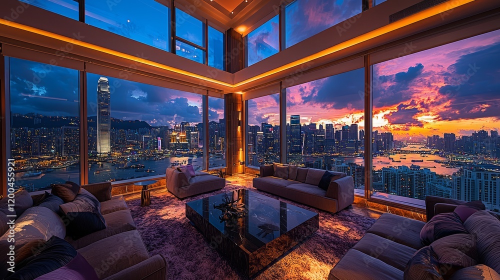 Fototapeta premium Hong Kong sunset city view from luxury apartment