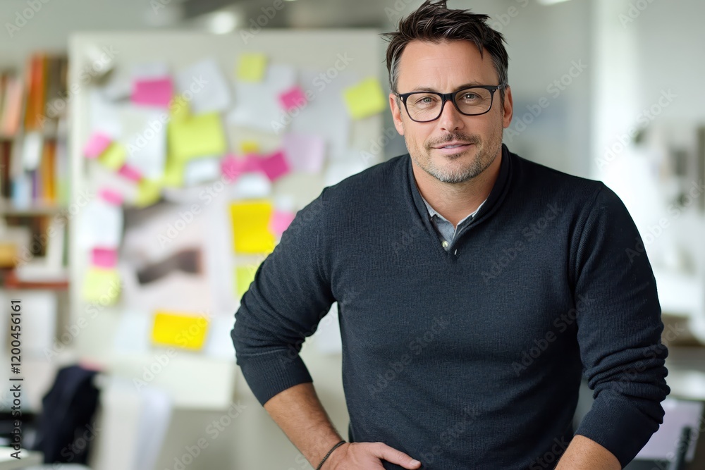 Obraz premium Confident Man Smiling in Modern Office Setting with Notes