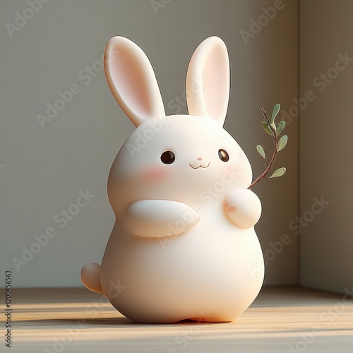 Cute fluffy chubby cartoon white easter bunny with pink ears and soft paws in a funny dancing pose photo