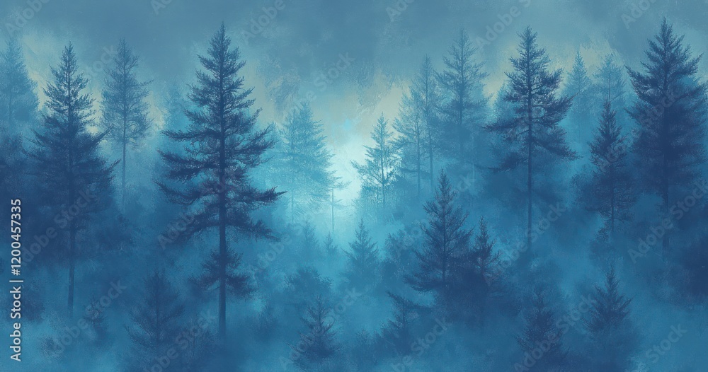 Tranquil Twilight Forest Scene with Pine Trees in Fog Watercolor Art for Wall Murals and Wallpapers Tranquil Twilight Forest Scene with Pine Trees in Fog Watercolor Art for Wall Murals and Wallpapers