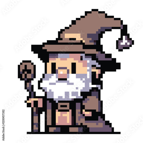 Pixel art wizard with long beard	
