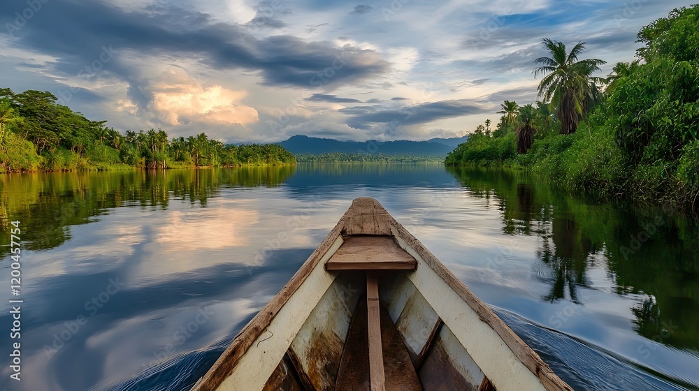 River boat journey through lush rainforest at sunset River boat journey through lush rainforest at sunset