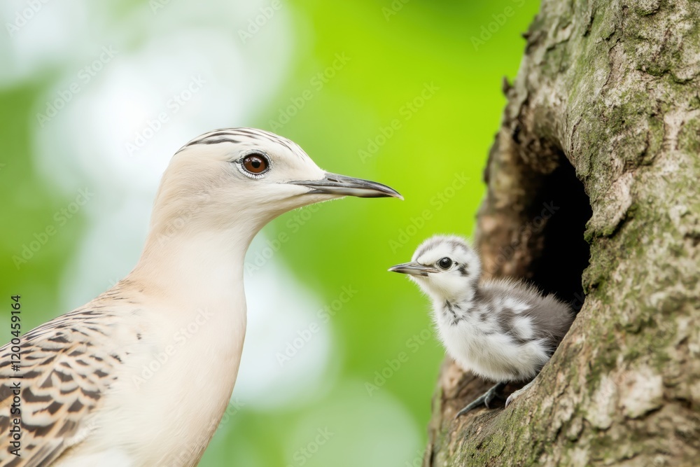 Common starling chick and parent vocalizing at a tree hole during springtime Common starling chick and parent vocalizing at a tree hole during springtime
