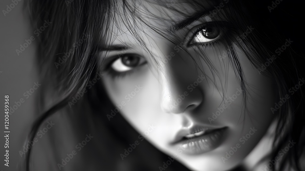Pensive woman portrait, close-up, monochrome, dramatic lighting Pensive woman portrait, close-up, monochrome, dramatic lighting