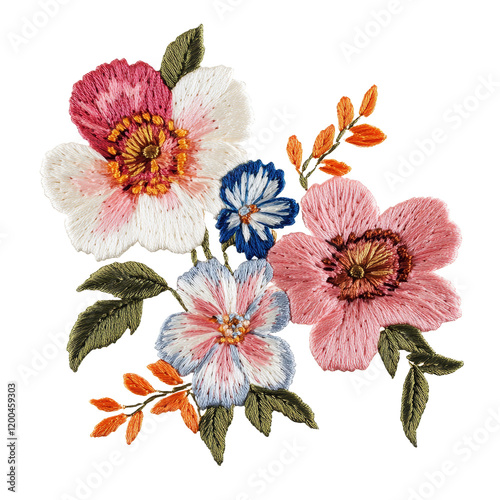 Beautiful embroidery featuring colorful flowers on a transparent background designed for crafting and home decor, Embroidery flower on a transparent background. Flower transparent background