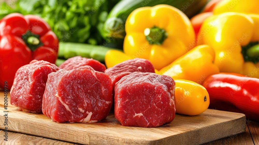 Fresh Beef Cubes with Colorful Peppers and Vegetables Ready for Cooking Fresh Beef Cubes with Colorful Peppers and Vegetables Ready for Cooking