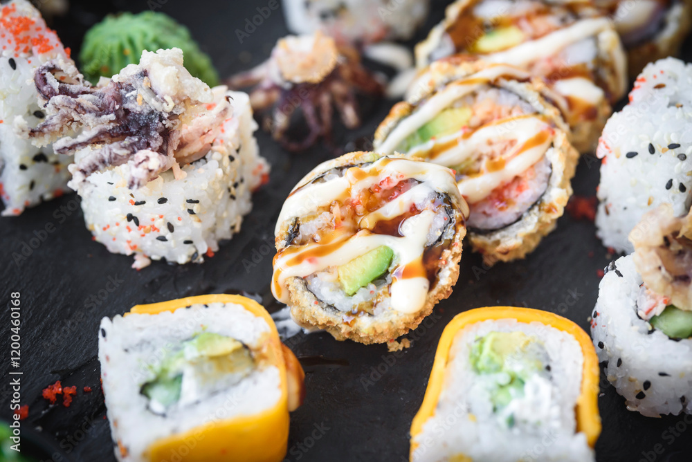 Fresh made colorful sushi served Fresh made colorful sushi served