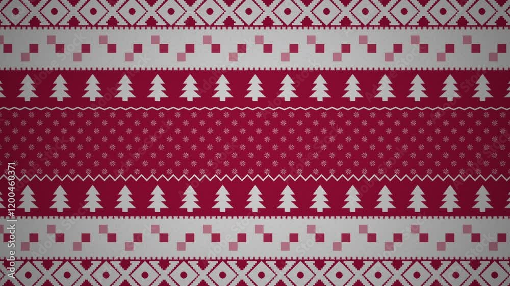 Fondo navideño con patrones de arboles de navidad y copos de nieve. 
