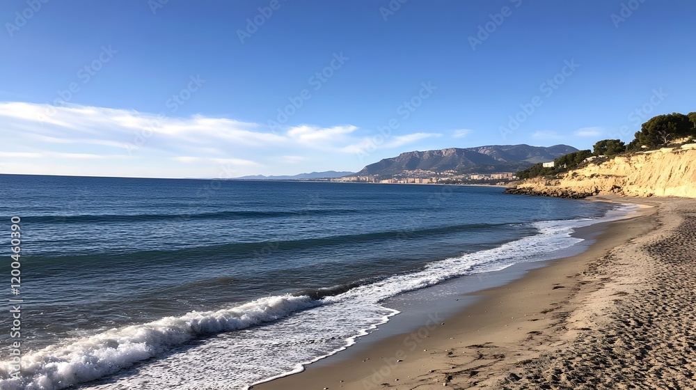 Sunny beach, coastal cliffs, Mediterranean sea, mountains background. Travel brochure, website Sunny beach, coastal cliffs, Mediterranean sea, mountains background. Travel brochure, website