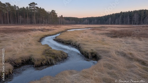 Serpentine stream flows through autumnal wetlands at dusk
