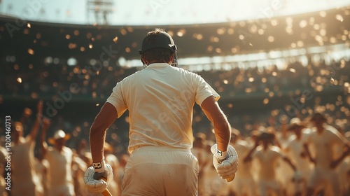 A cricket player taking a wicket during a tense moment in a match, with the crowd cheering loudly from the stands. 41