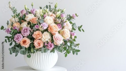 A beautiful bouquet of pastel Easter flowers arranged in a white ceramic vase.