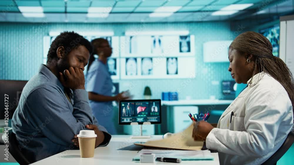 Black male patient bringing x ray test results to medic for scan ...