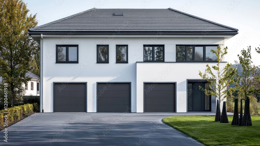 Fototapeta premium A minimalist two-story house with white-gray walls, a slate-black roof, and deep black window frames