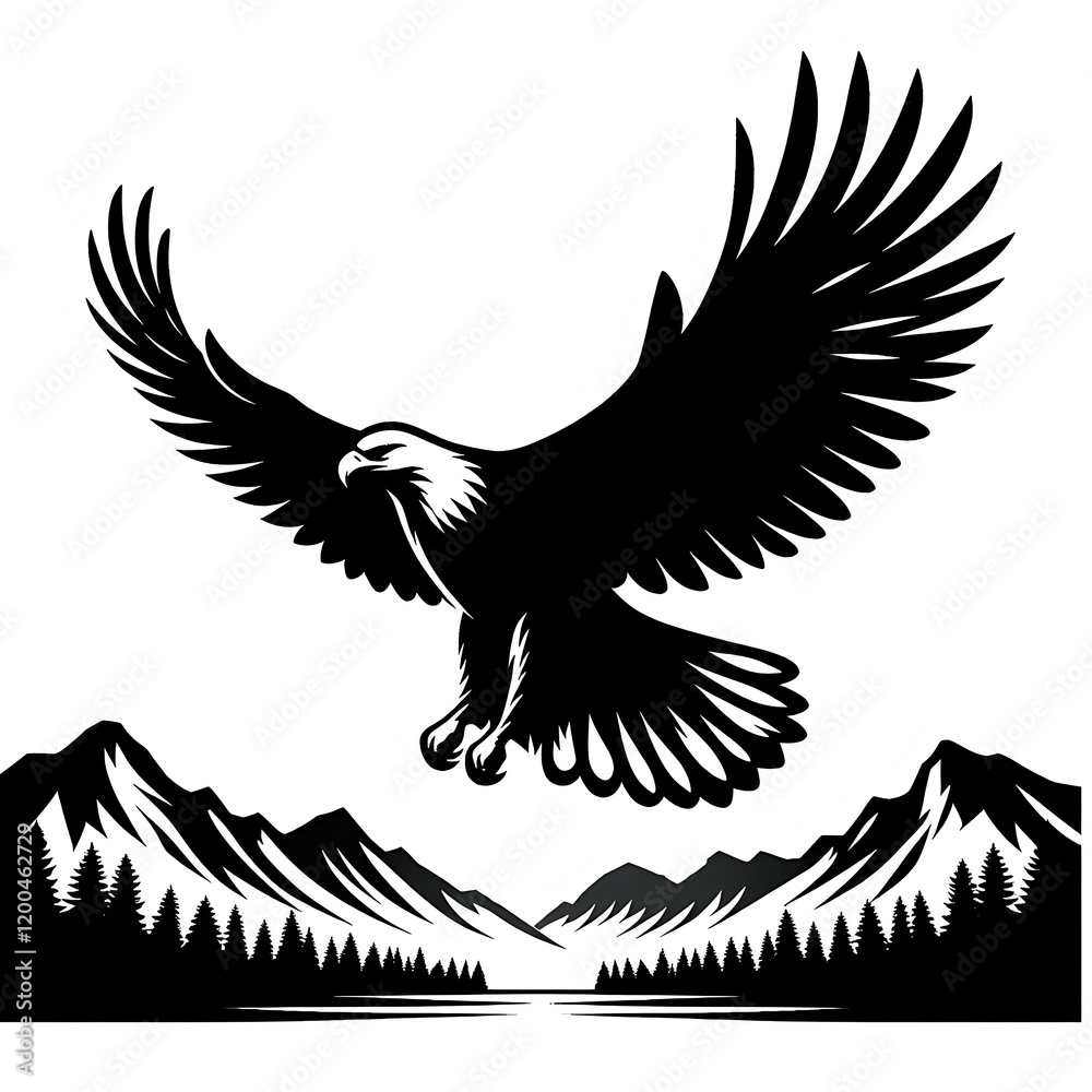 Obraz premium Majestic Black Silhouette Eagle Soaring Over Scenic Mountain Landscape in Nature Artwork - Vector Illustration of Wildlife and Freedom