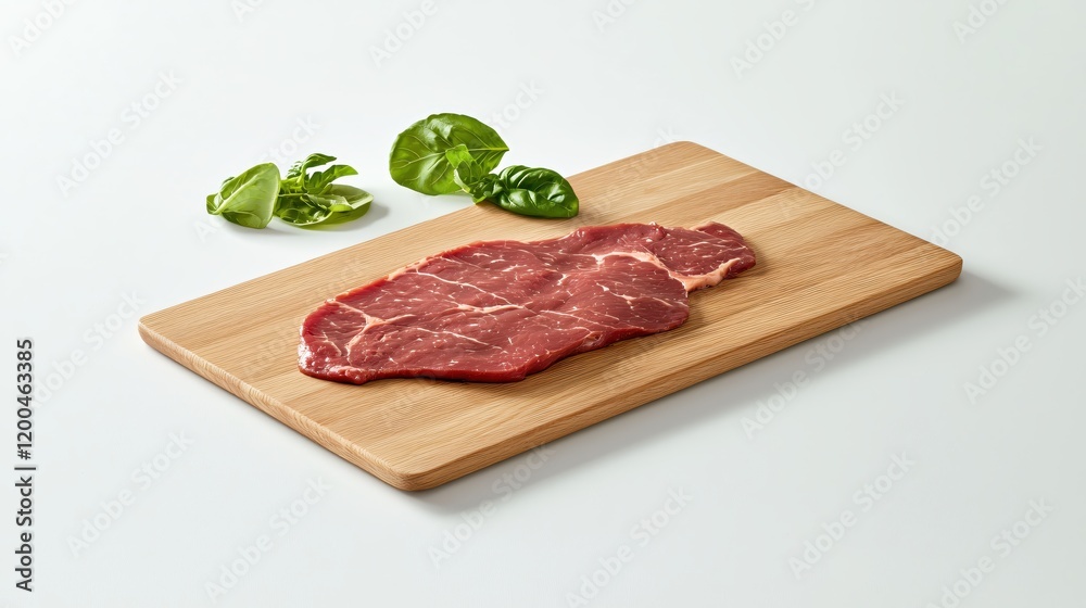 Fresh Raw Beef Steak on Wooden Board with Basil Leaves Fresh Raw Beef Steak on Wooden Board with Basil Leaves