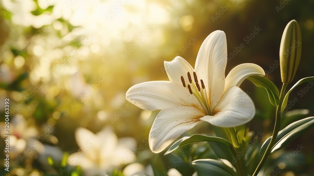Fototapeta premium A close-up of an Easter lily surrounded by greenery and soft sunlight.