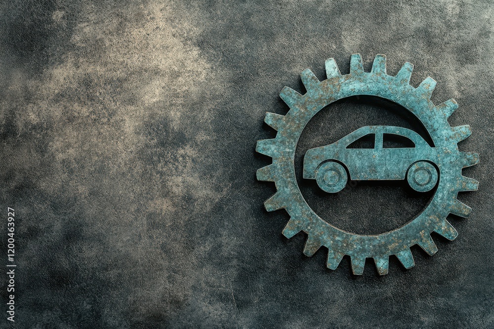 Metal car silhouette within a rusted gear on a textured background representing the automotive industry, mechanics, engineering, and innovation in transportation. Metal car silhouette within a rusted gear on a textured background representing the automotive industry, mechanics, engineering, and innovation in transportation.