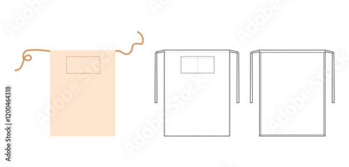 Set of Long Bistro Aprons technical fashion illustration. Chef uniform for cooking beige cartoon Flat sketch outline apparel template front, back view. Women, men unisex CAD mockup isolated on white