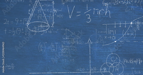 Image of layers of mathematical formulae and equations over blue chalkboard