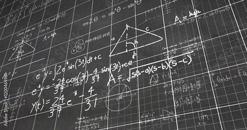 Image of layers of mathematical formulae and equations on grids over grey chalkboard
