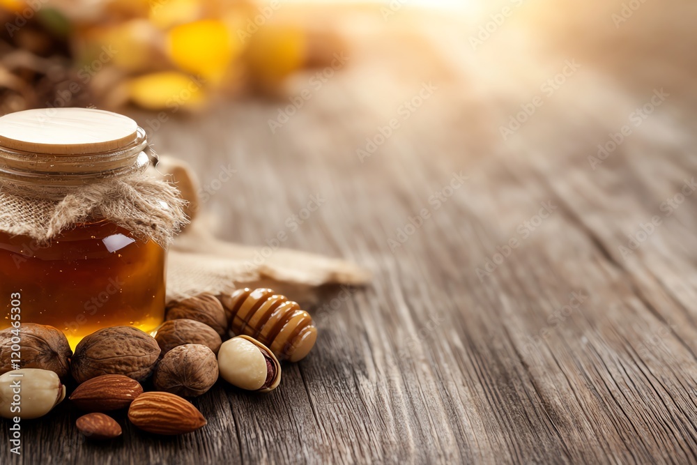 A jar of honey surrounded by assorted nuts on a rustic wooden surface, creating an inviting and warm ambiance.