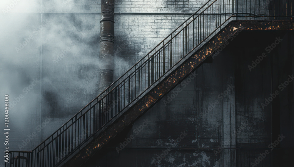Obraz premium A Desaturated fire escape muted metal urban decay subtle light create somber scene of an old building structure
