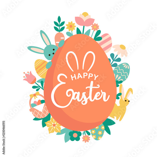 Happy Easter illustration. Colorful ester elements around easter egg. 