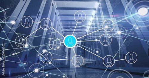 Image of connections with people icons and digital data processing over computer servers