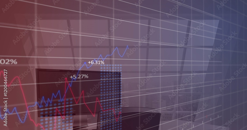 Image of financial data processing over empty office Image of financial data processing over empty office