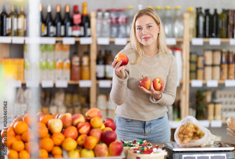 Young woman buyer choosing fresh fruits apples in grocery store Young woman buyer choosing fresh fruits apples in grocery store
