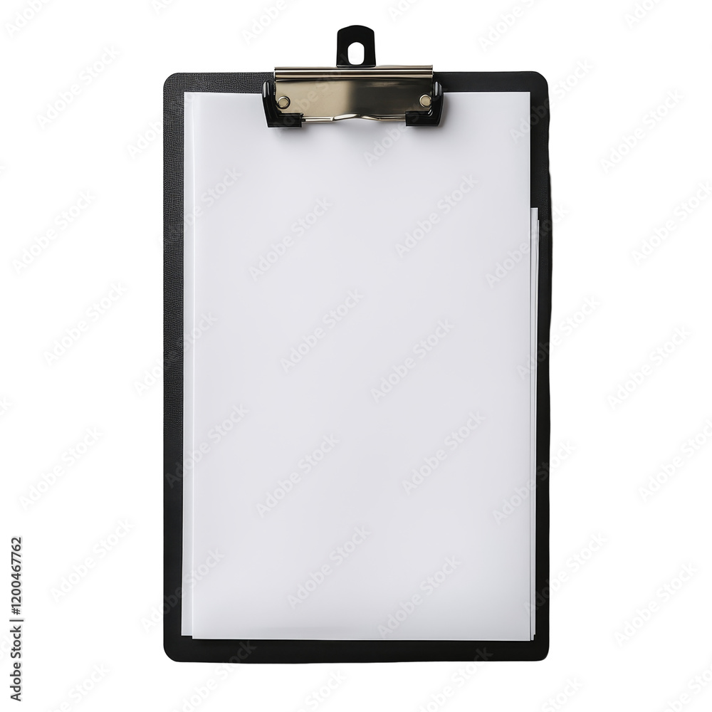 Black clipboard holding blank sheets of paper resting on a light gray surface in a work environment, Brown clipboard with clip at the top for papers Black clipboard holding blank sheets of paper resting on a light gray surface in a work environment, Brown clipboard with clip at the top for papers