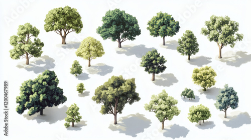 Set of isometric trees in various styles and perspectives