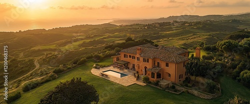 Sunset view of a luxurious villa with pool overlooking the ocean.