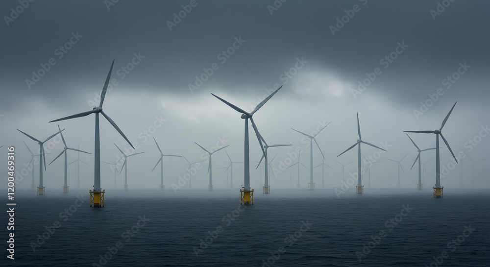 Offshore Wind Turbines Reflected In The Still Water Of A Calm Ocean Bay Offshore Wind Turbines Reflected In The Still Water Of A Calm Ocean Bay